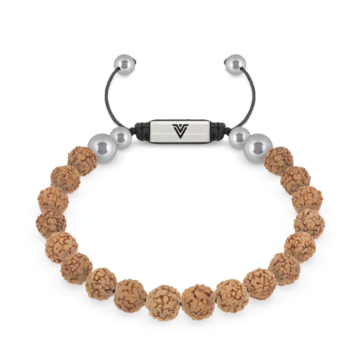 Front view of an 8mm Rudraksha beaded shamballa bracelet with silver stainless steel logo bead made by Voltlin