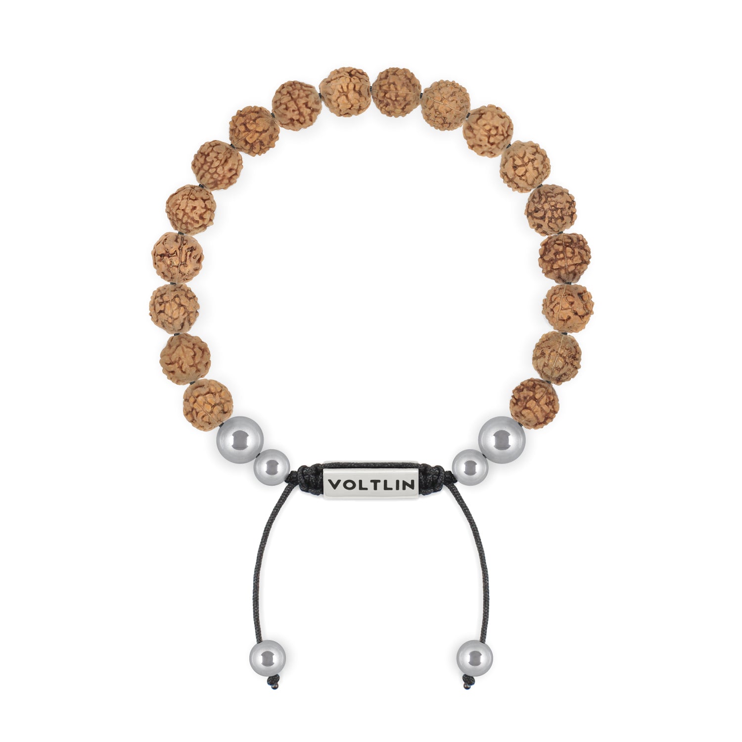 Front view of an 8mm Rudraksha beaded shamballa bracelet with silver stainless steel logo bead made by Voltlin