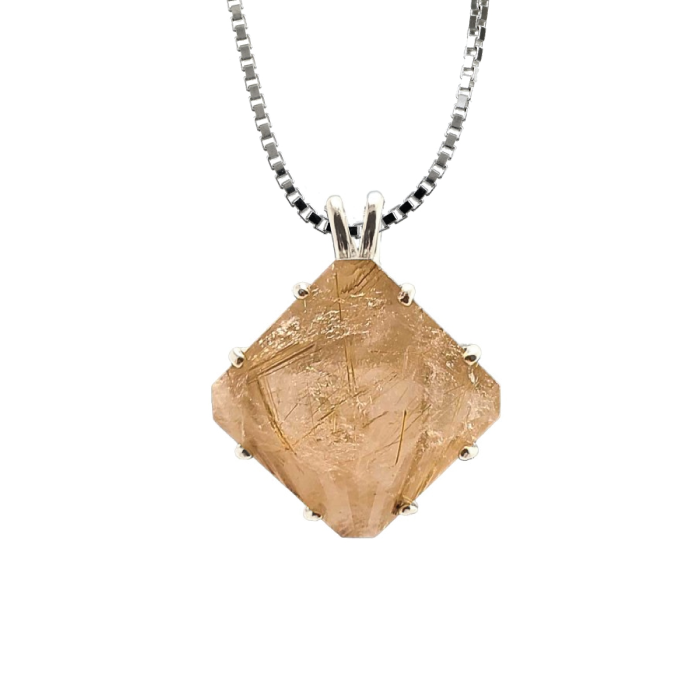Rutilated Quartz Magician Stone Chain Pendant Sacred Geometry Crystal Jewelry, Unisex, Sterling Silver, VOLTLIN
