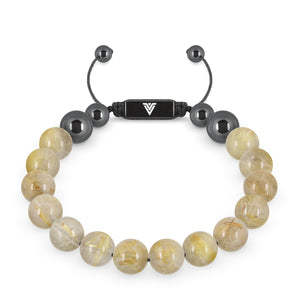 Front view of a 10mm Rutilated Quartz crystal beaded shamballa bracelet with black stainless steel logo bead made by Voltlin