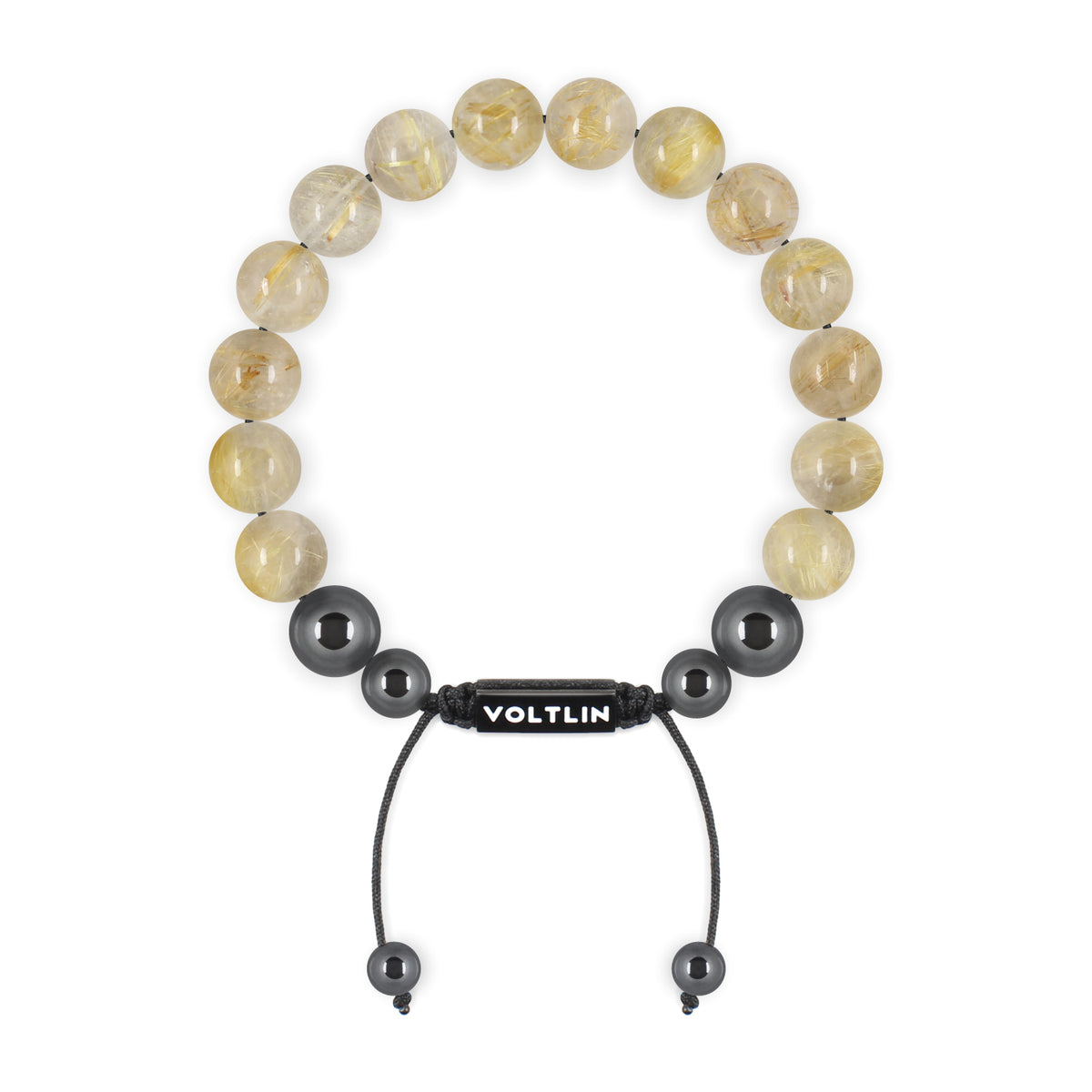 Top view of a 10mm Rutilated Quartz crystal beaded shamballa bracelet with black stainless steel logo bead made by Voltlin