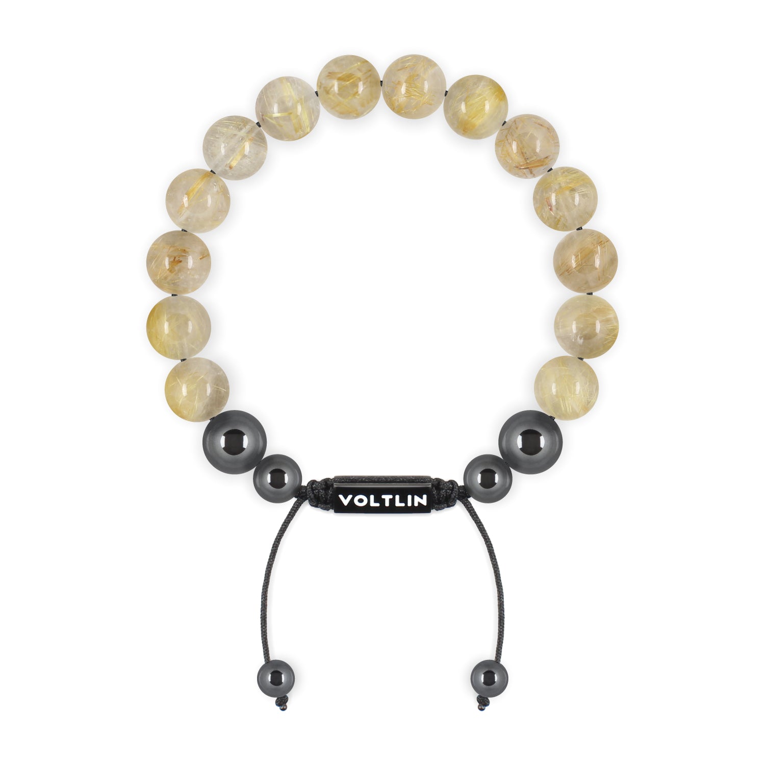 Top view of a 10mm Rutilated Quartz crystal beaded shamballa bracelet with black stainless steel logo bead made by Voltlin