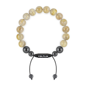 Top view of a 10mm Rutilated Quartz crystal beaded shamballa bracelet with black stainless steel logo bead made by Voltlin