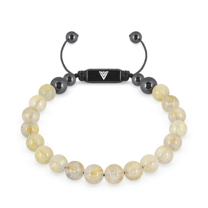 Front view of an 8mm Rutilated Quartz crystal beaded shamballa bracelet with black stainless steel logo bead made by Voltlin