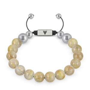 Front view of a 10mm Rutilated Quartz beaded shamballa bracelet with silver stainless steel logo bead made by Voltlin