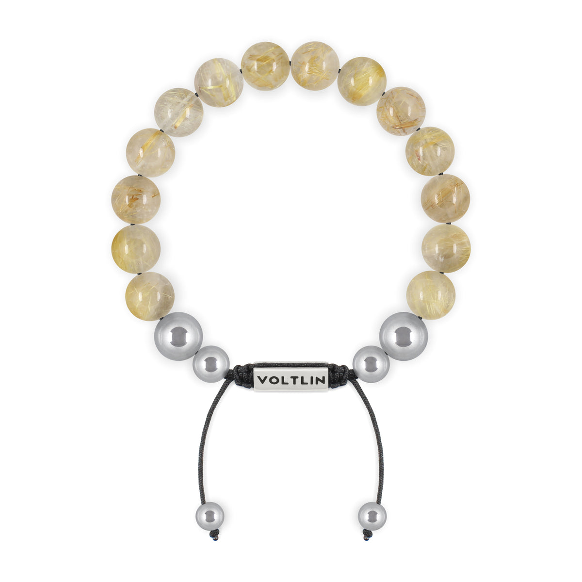Top view of a 10mm Rutilated Quartz beaded shamballa bracelet with silver stainless steel logo bead made by Voltlin