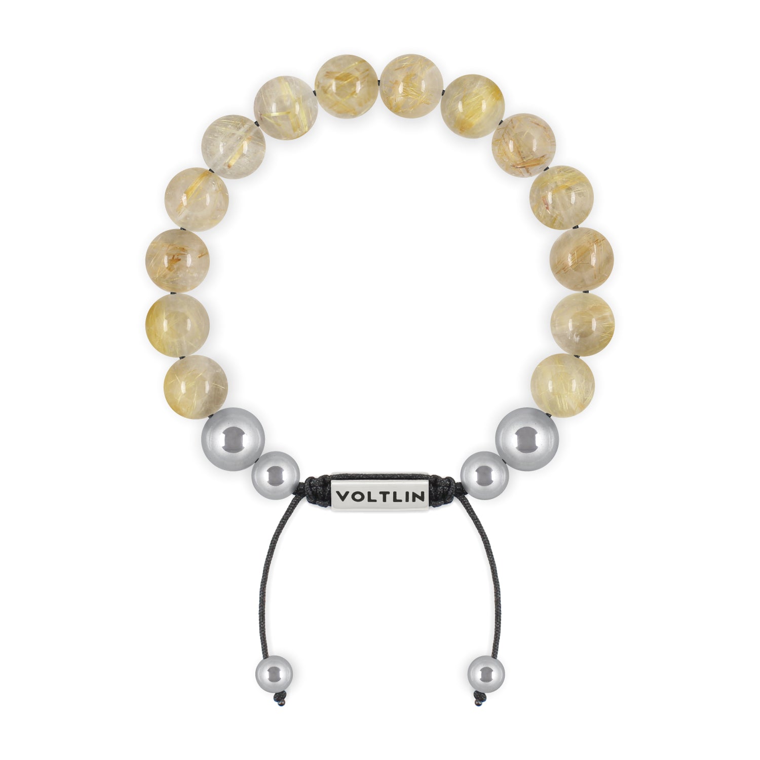 Top view of a 10mm Rutilated Quartz beaded shamballa bracelet with silver stainless steel logo bead made by Voltlin