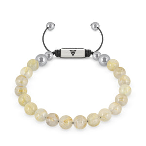 Front view of an 8mm Rutilated Quartz beaded shamballa bracelet with silver stainless steel logo bead made by Voltlin