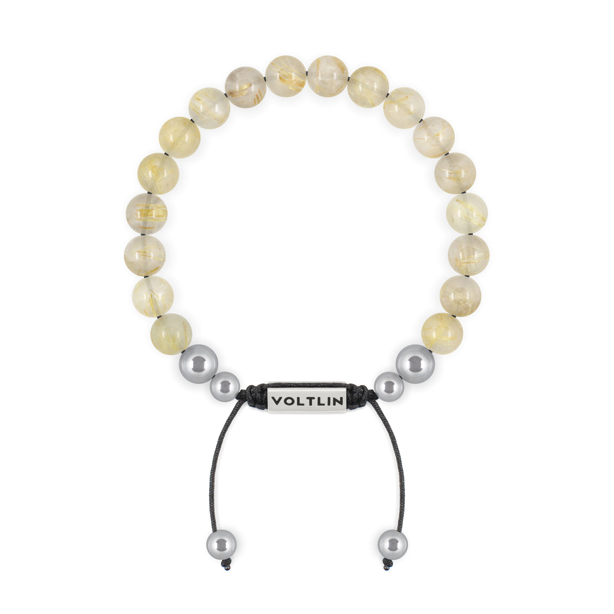 Top view of an 8mm Rutilated Quartz beaded shamballa bracelet with silver stainless steel logo bead made by Voltlin