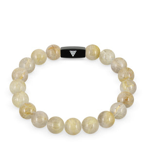 Front view of a 10mm Rutilated Quartz crystal beaded stretch bracelet with black stainless steel logo bead made by Voltlin