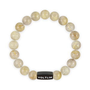 Top view of a 10mm Rutilated Quartz crystal beaded stretch bracelet with black stainless steel logo bead made by Voltlin