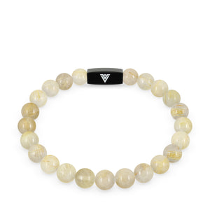 Front view of an 8mm Rutilated Quartz crystal beaded stretch bracelet with black stainless steel logo bead made by Voltlin