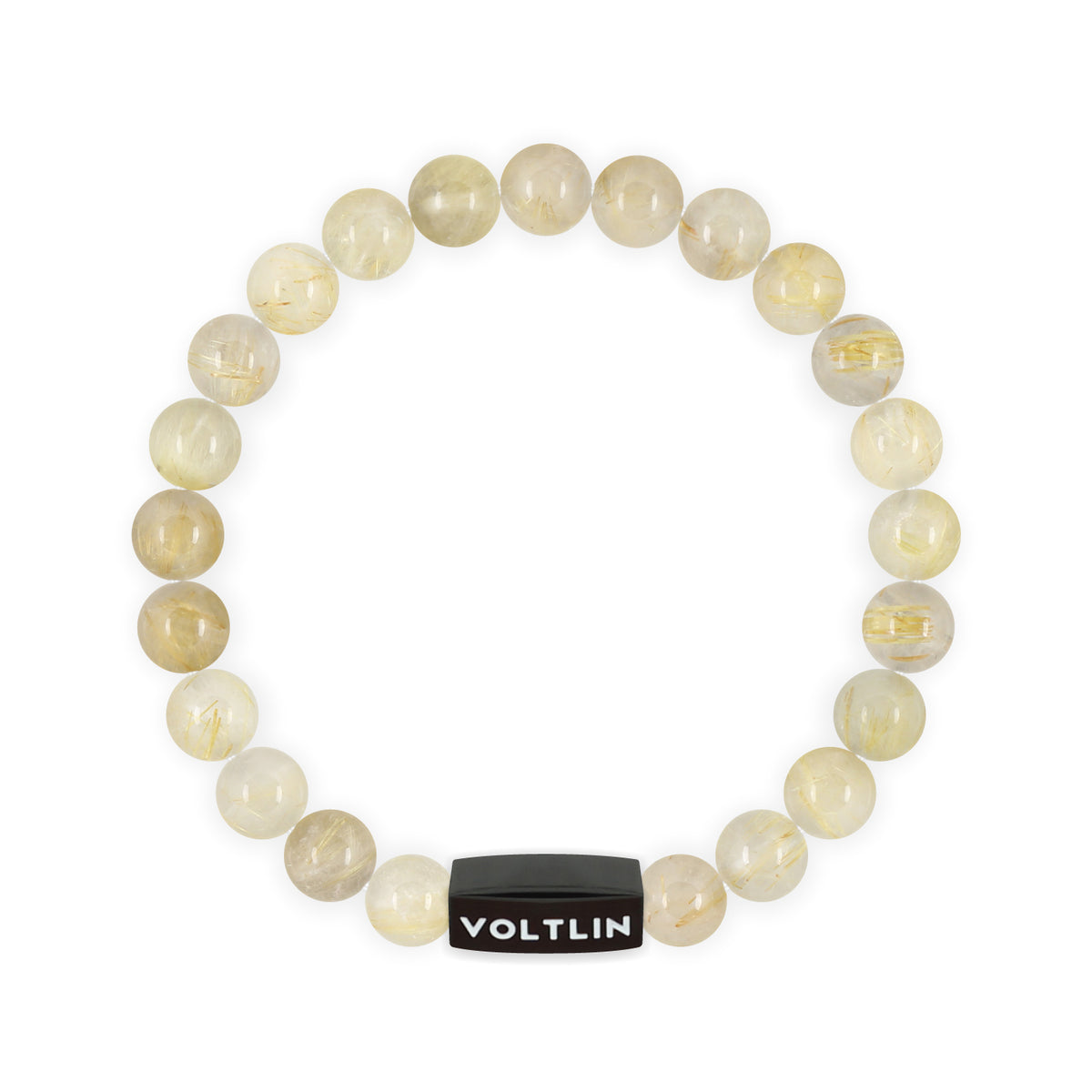 Top view of an 8mm Rutilated Quartz crystal beaded stretch bracelet with black stainless steel logo bead made by Voltlin