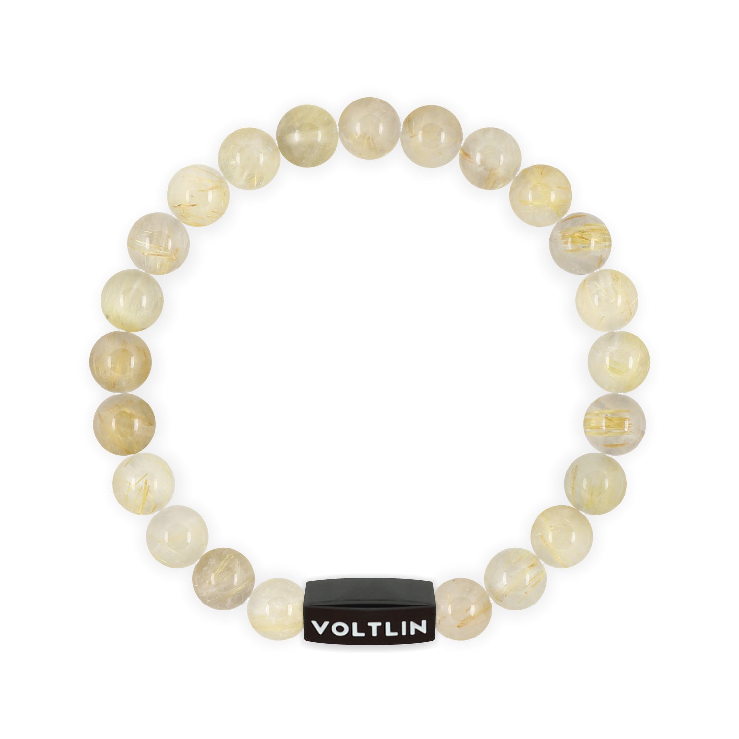 Top view of an 8mm Rutilated Quartz crystal beaded stretch bracelet with black stainless steel logo bead made by Voltlin
