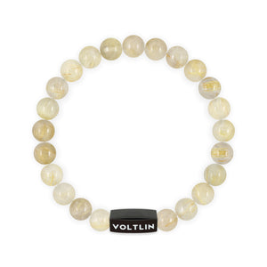 Top view of an 8mm Rutilated Quartz crystal beaded stretch bracelet with black stainless steel logo bead made by Voltlin