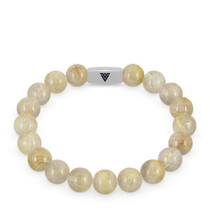 Front view of a 10mm Rutilated Quartz beaded stretch bracelet with silver stainless steel logo bead made by Voltlin