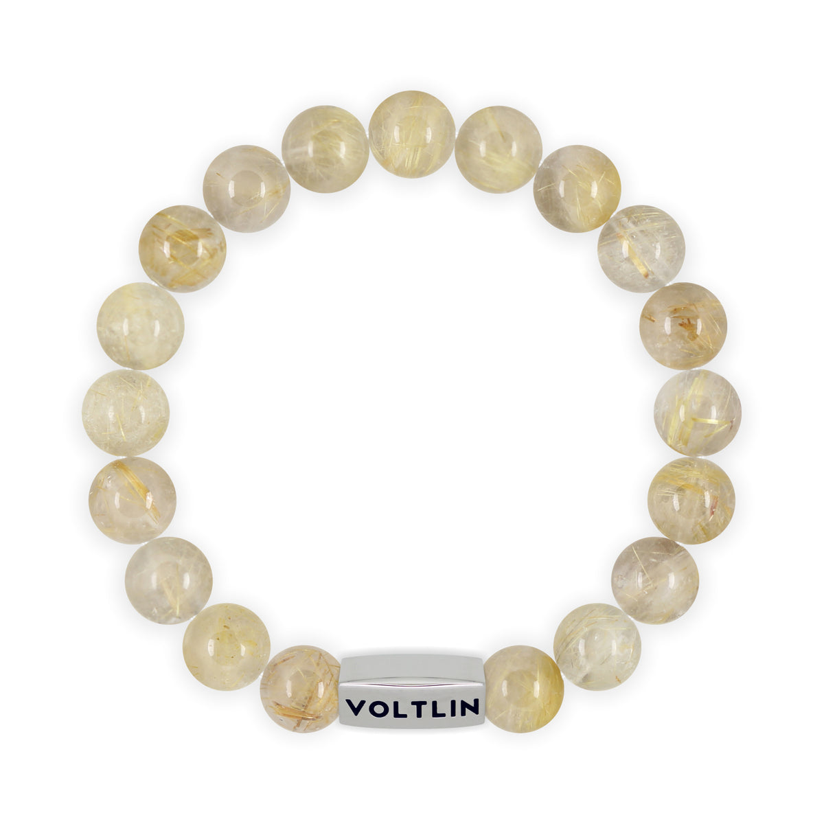 Top view of a 10mm Rutilated Quartz beaded stretch bracelet with silver stainless steel logo bead made by Voltlin