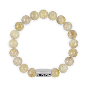 Top view of a 10mm Rutilated Quartz beaded stretch bracelet with silver stainless steel logo bead made by Voltlin