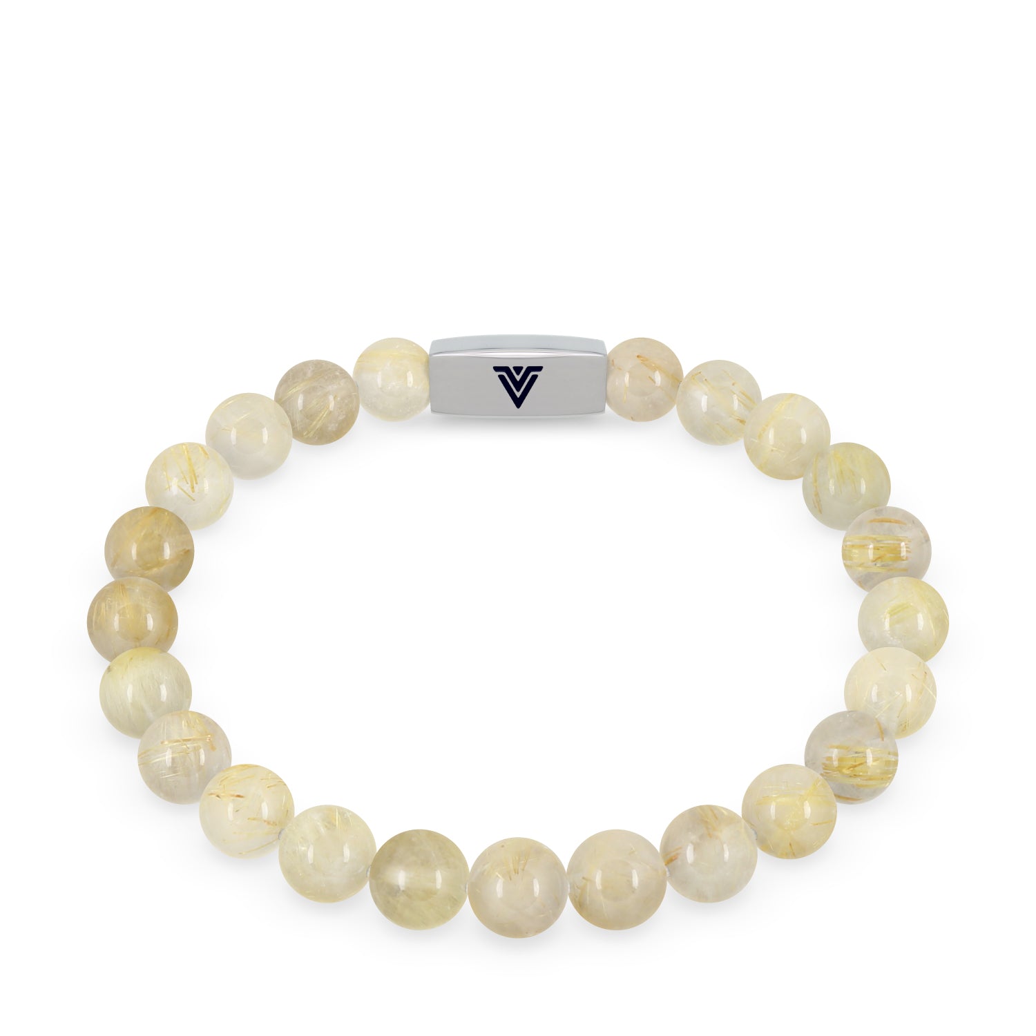 Front view of an 8mm Rutilated Quartz beaded stretch bracelet with silver stainless steel logo bead made by Voltlin