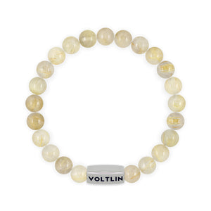Top view of an 8mm Rutilated Quartz beaded stretch bracelet with silver stainless steel logo bead made by Voltlin