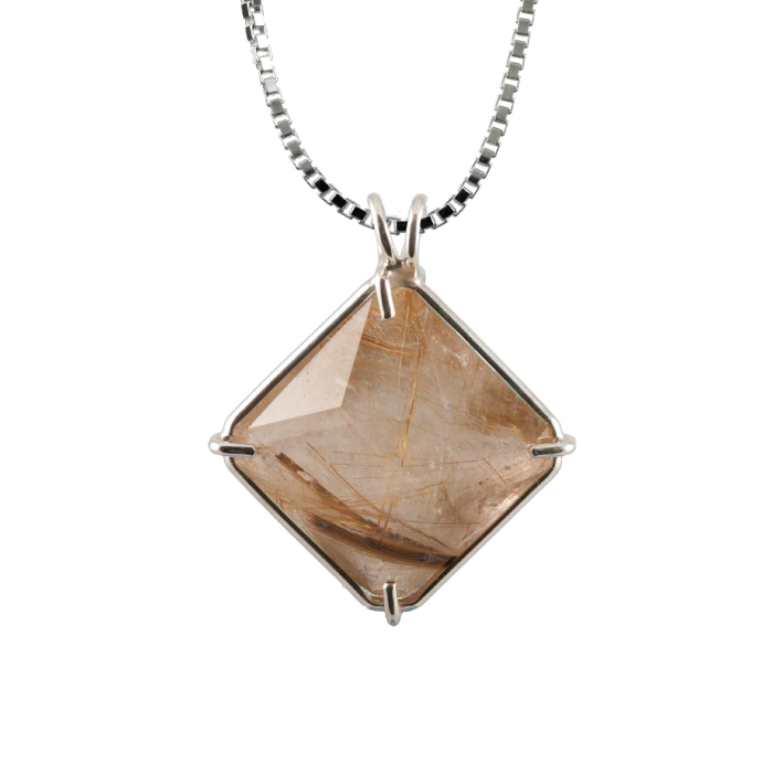 Rutilated Quartz Magician Stone Chain Pendant Sacred Geometry Crystal Jewelry, Unisex, Sterling Silver, VOLTLIN
