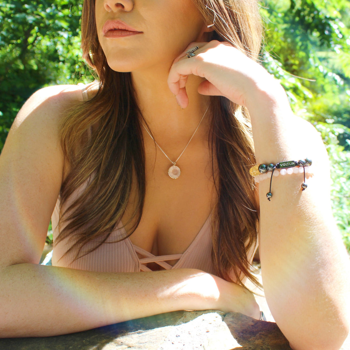 Rose Quartz Radiant Heart Chain Pendant Sacred Geometry Crystal Jewelry, Unisex, Sterling Silver, VOLTLIN