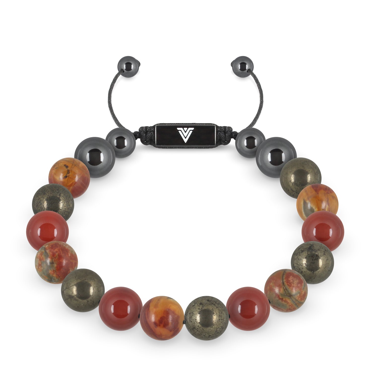 Front view of a 10mm Sacral Chakra crystal beaded shamballa bracelet with black stainless steel logo bead made by Voltlin