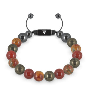 Front view of a 10mm Sacral Chakra crystal beaded shamballa bracelet with black stainless steel logo bead made by Voltlin