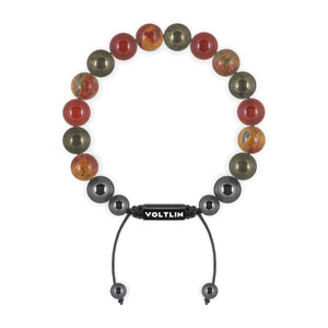Top view of a 10mm Sacral Chakra crystal beaded shamballa bracelet with black stainless steel logo bead made by Voltlin