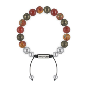 Top view of a 10mm Sacral Chakra beaded shamballa bracelet featuring Pyrite, Red Creek Jasper, Carnelian, & Red Goldstone crystal and silver stainless steel logo bead made by Voltlin