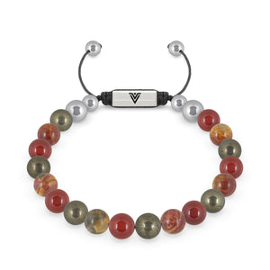 Front view of an 8mm Sacral Chakra beaded shamballa bracelet featuring Pyrite, Red Creek Jasper, Carnelian, & Red Goldstone crystal and silver stainless steel logo bead made by Voltlin