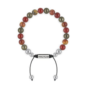Top view of an 8mm Sacral Chakra beaded shamballa bracelet featuring Pyrite, Red Creek Jasper, Carnelian, & Red Goldstone crystal and silver stainless steel logo bead made by Voltlin