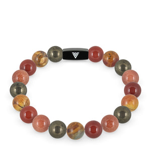 Front view of a 10mm Sacral Chakra crystal beaded stretch bracelet with black stainless steel logo bead made by Voltlin