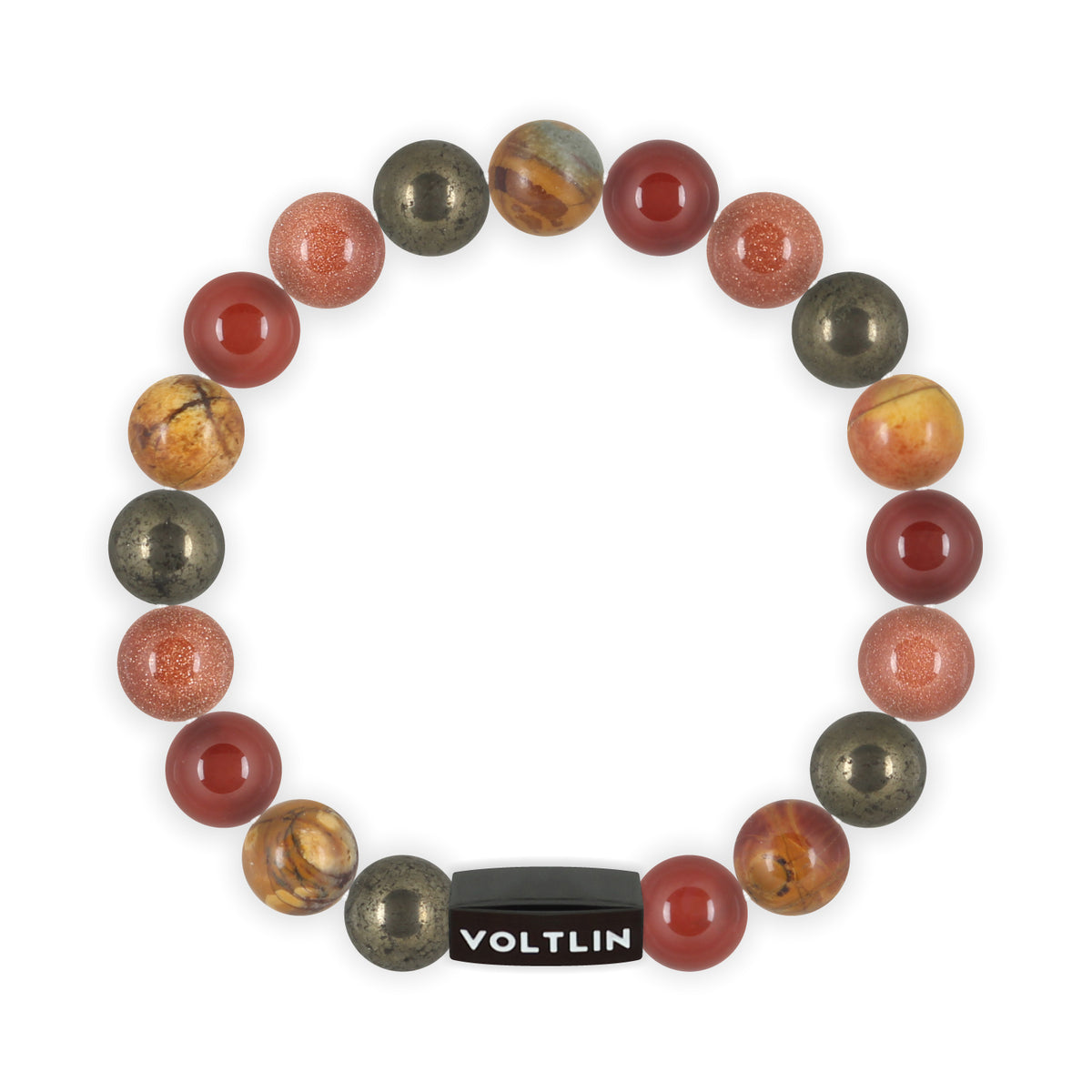 Top view of a 10mm Sacral Chakra crystal beaded stretch bracelet with black stainless steel logo bead made by Voltlin