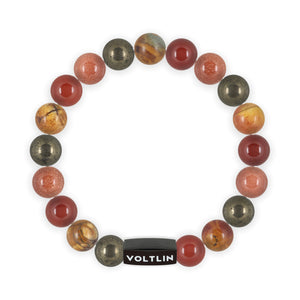 Top view of a 10mm Sacral Chakra crystal beaded stretch bracelet with black stainless steel logo bead made by Voltlin