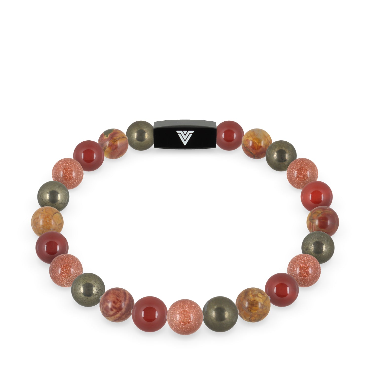 Front view of an 8mm Sacral Chakra crystal beaded stretch bracelet with black stainless steel logo bead made by Voltlin