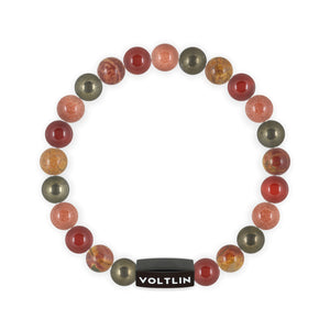 Top view of an 8mm Sacral Chakra crystal beaded stretch bracelet with black stainless steel logo bead made by Voltlin