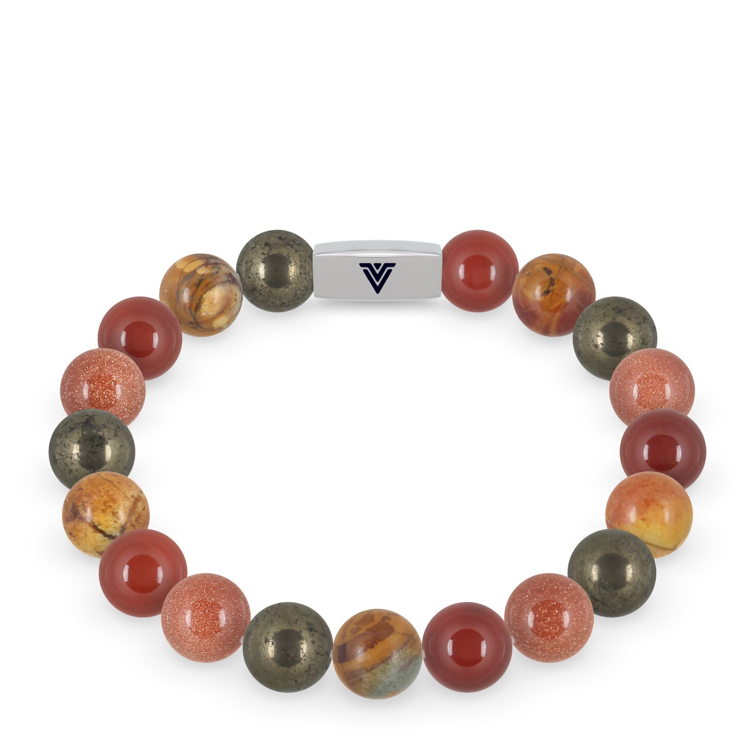 Front view of a 10mm Sacral Chakra beaded stretch bracelet featuring Pyrite, Red Creek Jasper, Carnelian, & Red Goldstone crystal and silver stainless steel logo bead made by Voltlin