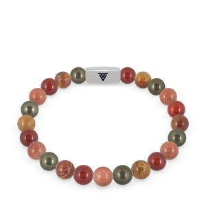 Front view of an 8mm Sacral Chakra beaded stretch bracelet featuring Pyrite, Red Creek Jasper, Carnelian, & Red Goldstone crystal and silver stainless steel logo bead made by Voltlin