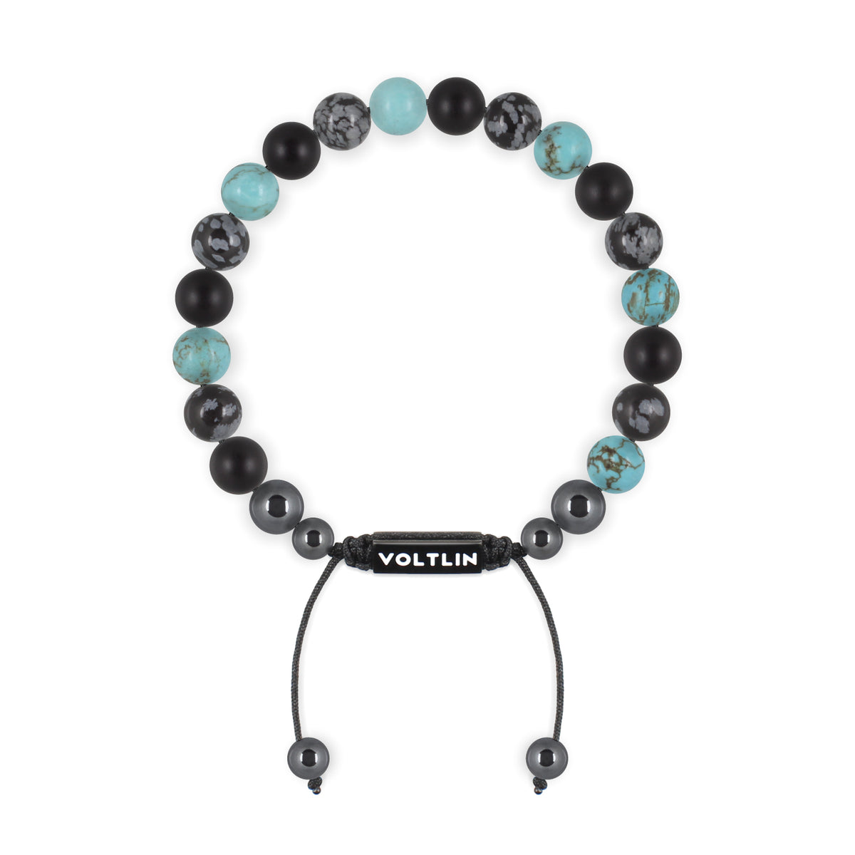 Top view of an 8mm Sagittarius Zodiac crystal beaded shamballa bracelet with black stainless steel logo bead made by Voltlin