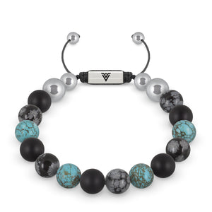 Front view of a 10mm Sagittarius Zodiac beaded shamballa bracelet featuring Matte Onyx, Snowflake Obsidian, & Turquoise crystal and silver stainless steel logo bead made by Voltlin