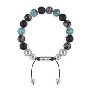 Top view of a 10mm Sagittarius Zodiac beaded shamballa bracelet featuring Matte Onyx, Snowflake Obsidian, & Turquoise crystal and silver stainless steel logo bead made by Voltlin