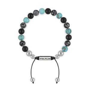 Top view of an 8mm Sagittarius Zodiac beaded shamballa bracelet featuring Matte Onyx, Snowflake Obsidian, & Turquoise crystal and silver stainless steel logo bead made by Voltlin