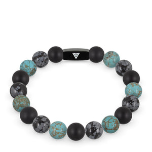 Front view of a 10mm Sagittarius Zodiac crystal beaded stretch bracelet with black stainless steel logo bead made by Voltlin