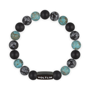 Top view of a 10mm Sagittarius Zodiac crystal beaded stretch bracelet with black stainless steel logo bead made by Voltlin