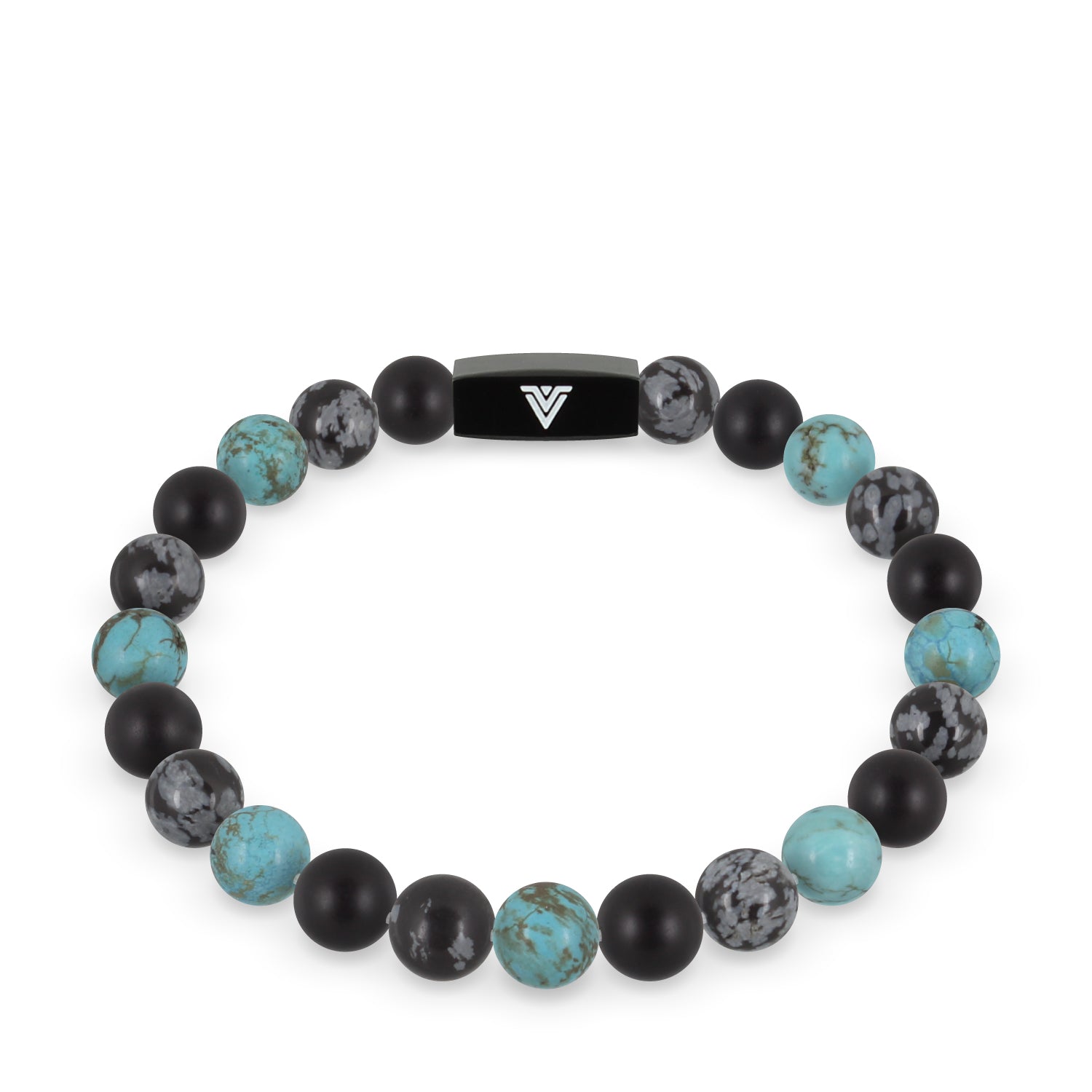 Front view of an 8mm Sagittarius Zodiac crystal beaded stretch bracelet with black stainless steel logo bead made by Voltlin