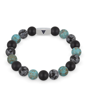 Front view of a 10mm Sagittarius Zodiac beaded stretch bracelet featuring Matte Onyx, Snowflake Obsidian, & Turquois crystal and silver stainless steel logo bead made by Voltlin