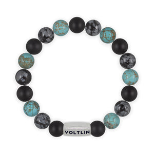 Top view of a 10mm Sagittarius Zodiac beaded stretch bracelet featuring Matte Onyx, Snowflake Obsidian, & Turquois crystal and silver stainless steel logo bead made by Voltlin