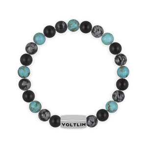 Top view of an 8mm Sagittarius Zodiac beaded stretch bracelet featuring Matte Onyx, Snowflake Obsidian, & Turquois crystal and silver stainless steel logo bead made by Voltlin