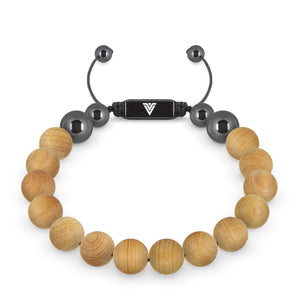 Front view of a 10mm Sandalwood crystal beaded shamballa bracelet with black stainless steel logo bead made by Voltlin